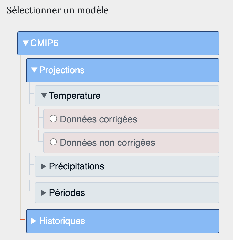 Panneau de sélection des paramètres